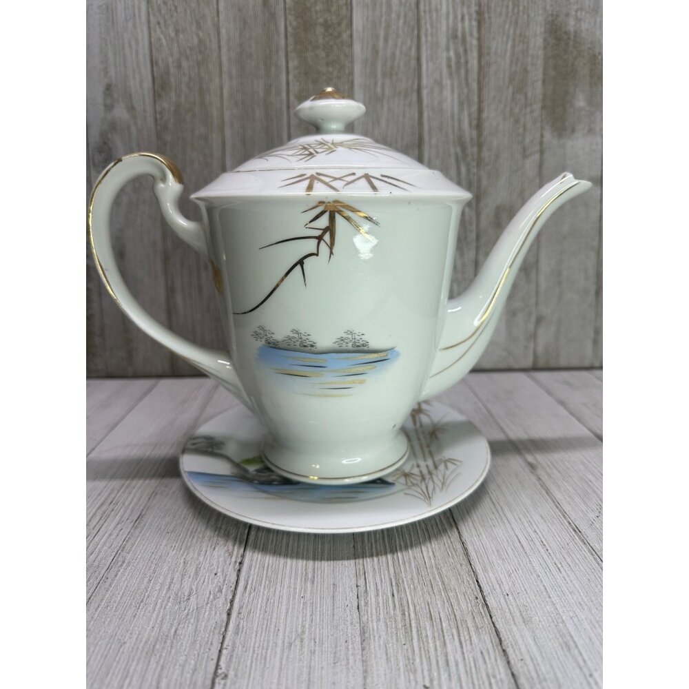 Vintage Kutani Ware Teapot 7" Tall & Plate 7" DIA Bamboo Village Golden Design
